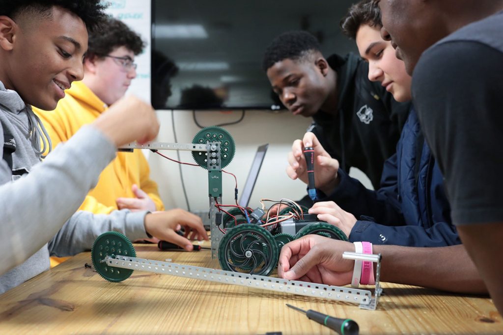 students working on robotics