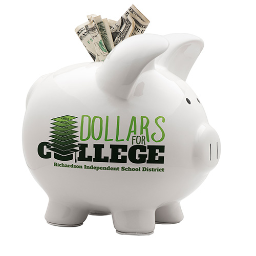Piggy bank with dollars and Dollars for College