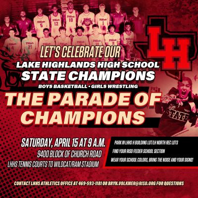 LHHS Basketball and Wrestling State Champs Parade of Champions April 15 at 9am