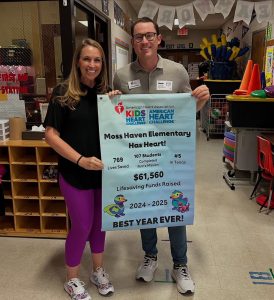 Coach Fuller and American Heart Representative holding a poster congratulating Moss Haven Elementary