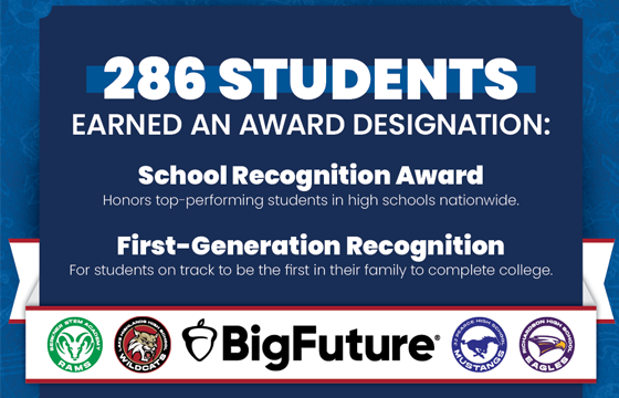 286 Students earned an Award Designation: School Recognition Award: Honors Top-Performing Students in high schools nationwide. First Generation Recognition - For students on track to be the first in their family to complete college. Big Future: Berkner High School, Lake Highlands High School, Pearce High School, Richardson High School