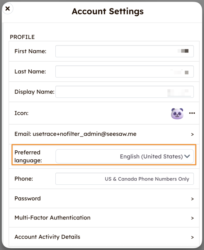 Seesaw Account Settings page with the Preferred Language selection dropdown menu with a yellow box