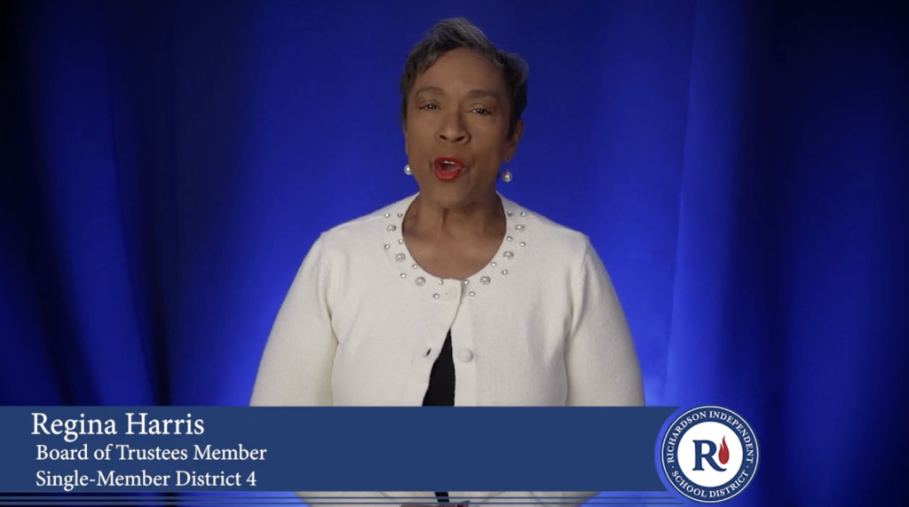Regina Harris, Board of trustees member, single member district 4 in front of a bye backdrop