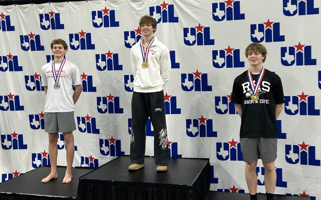 UIL Swimming and Diving Podium with 3 Swimmers with medals