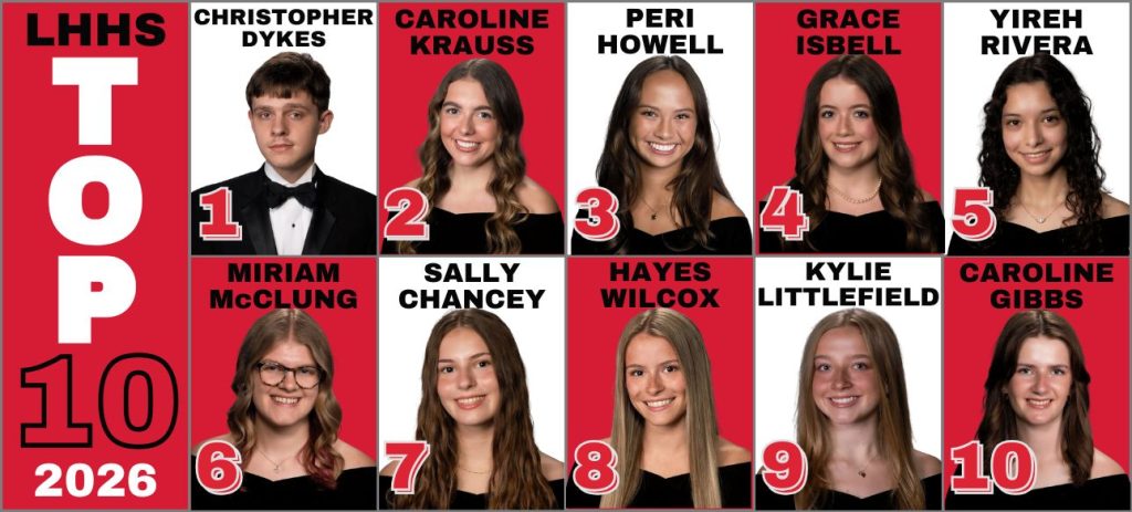 Lake Highlands High School Class of 2026 Top 10 students next to rank:

1. Christopher Dykes
2. Caroline Krauss
3. Peri Howell
4. Grace Isbell
5. Yireh Rivera
6. Miriam McClung
7. Sally Chancey
8. Hayes Wilcox
9. Kylie Littlefield
10. Caroline Gibbs
 