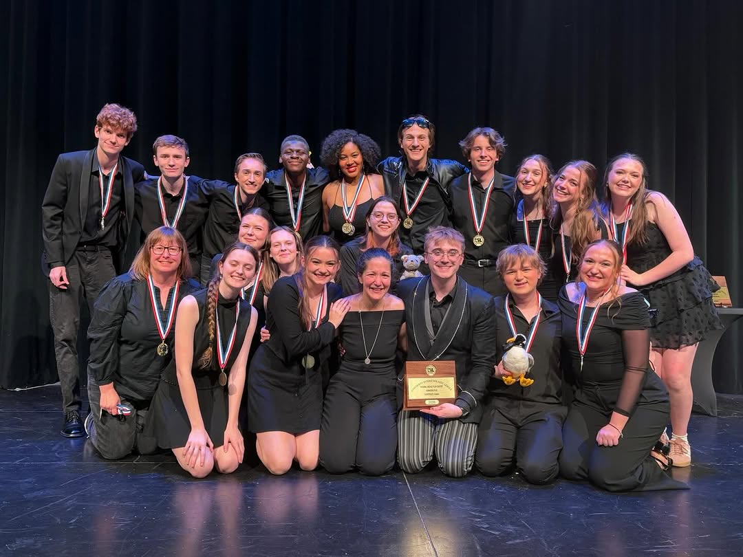 JJ Pearce theatre students at Region One Act Play with trophy