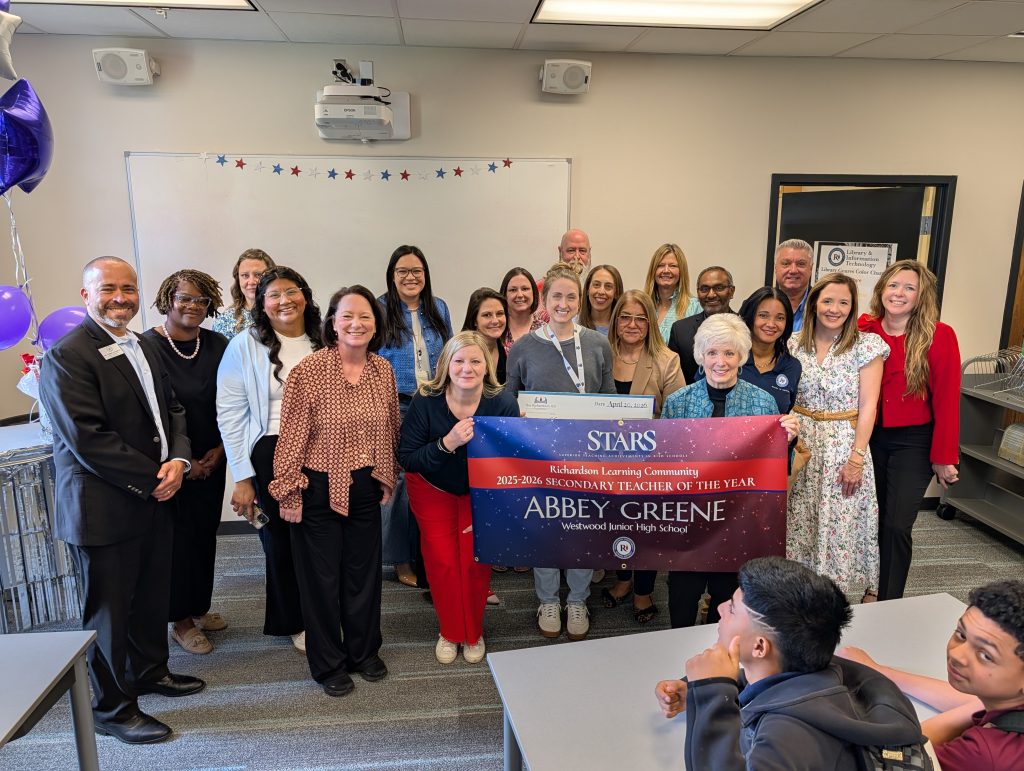 Abbey Green - WWJH holding STARS teacher sign, big check, surrounded by prize patrol