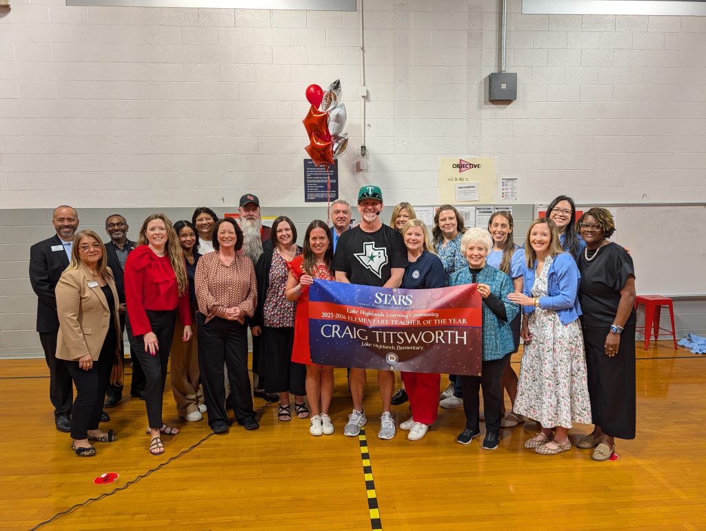 Craig Titsworth - LHE holding STARS teacher sign, big check, surrounded by prize patrol