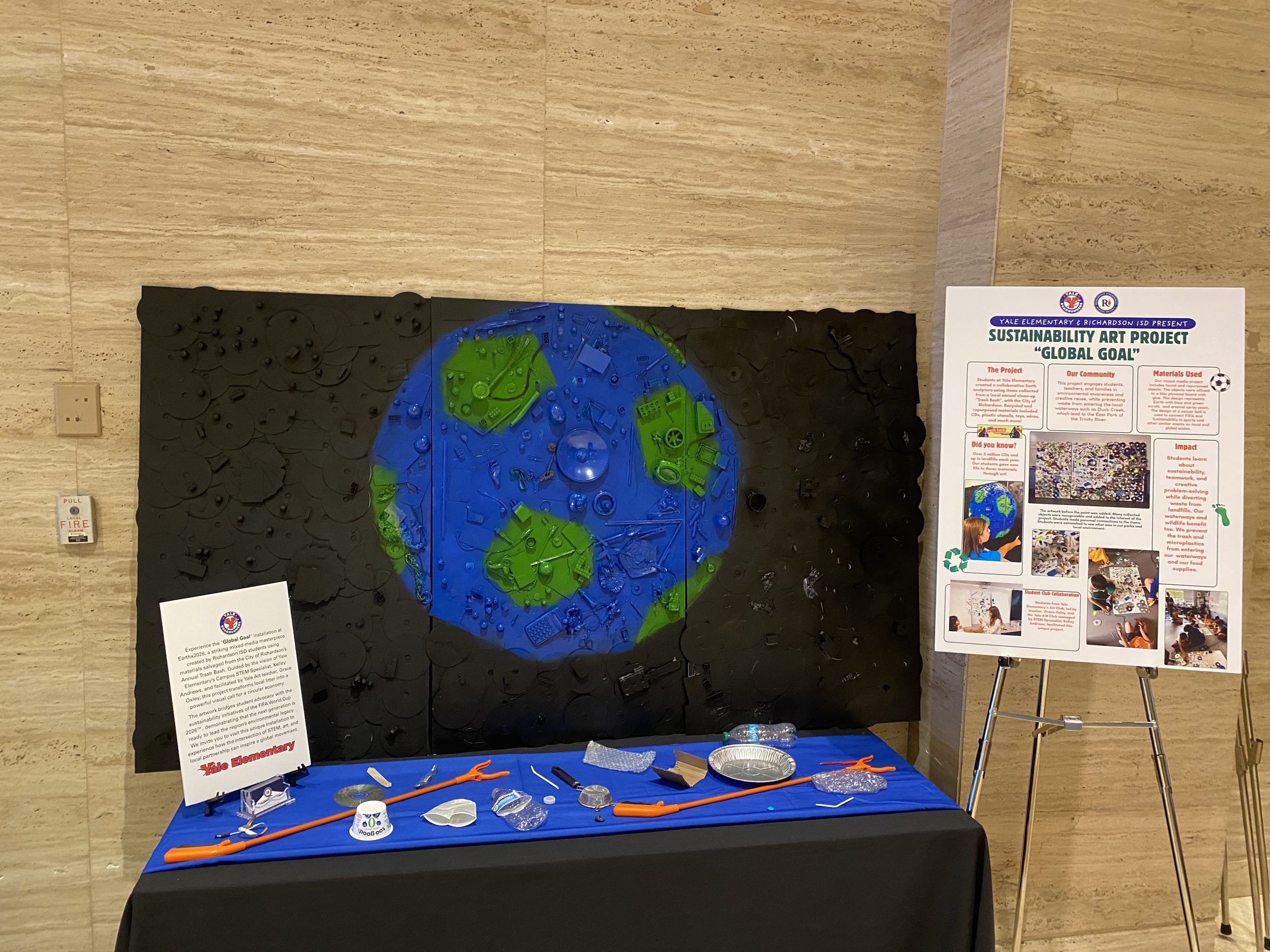 Found object art piece by Yale ES students displayed at Earth X conference