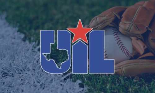 UIL logo over baseball and mitt on turf