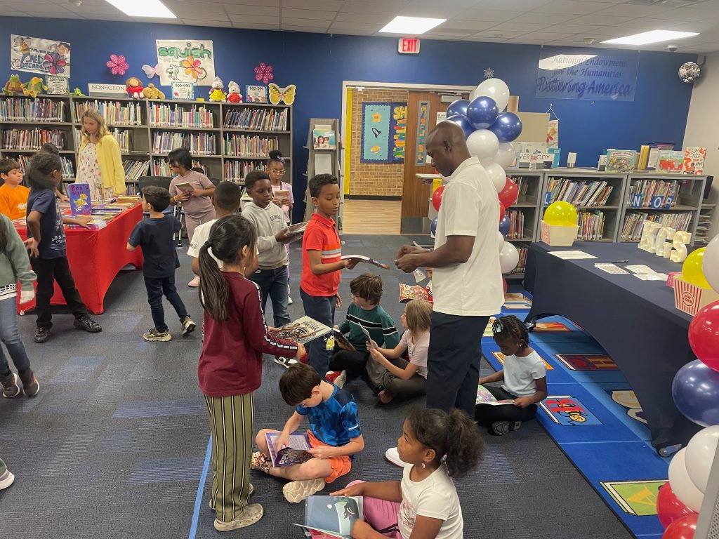 students reading books in library