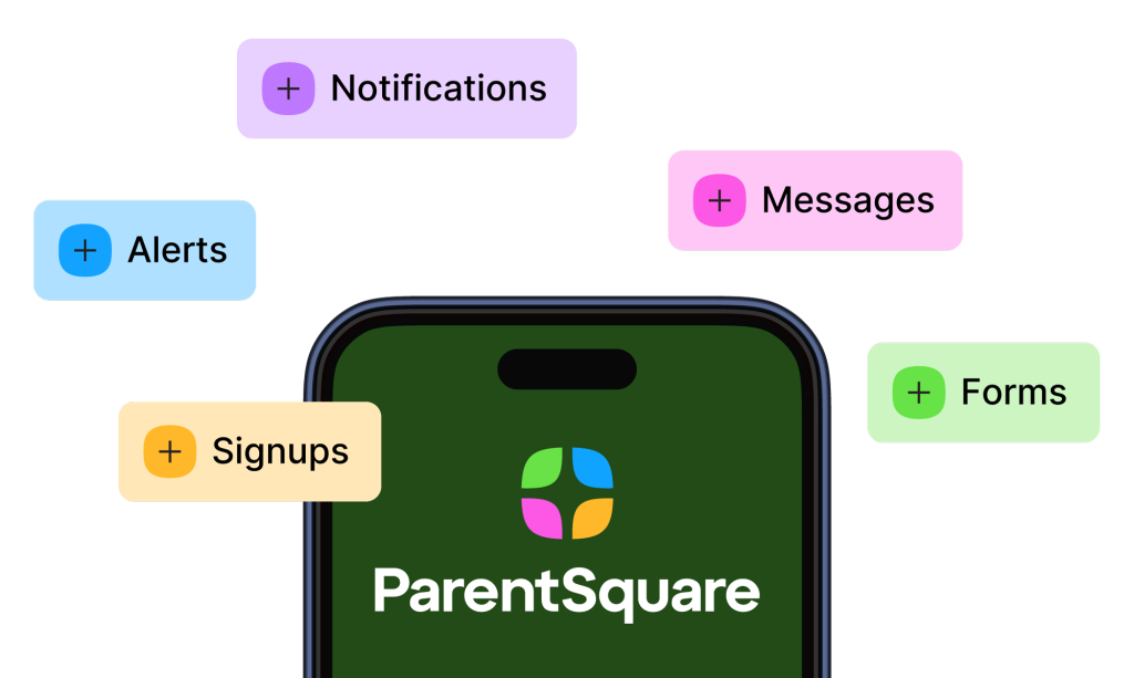 Parent Square app with forms, messages, notifications, alerts and signups