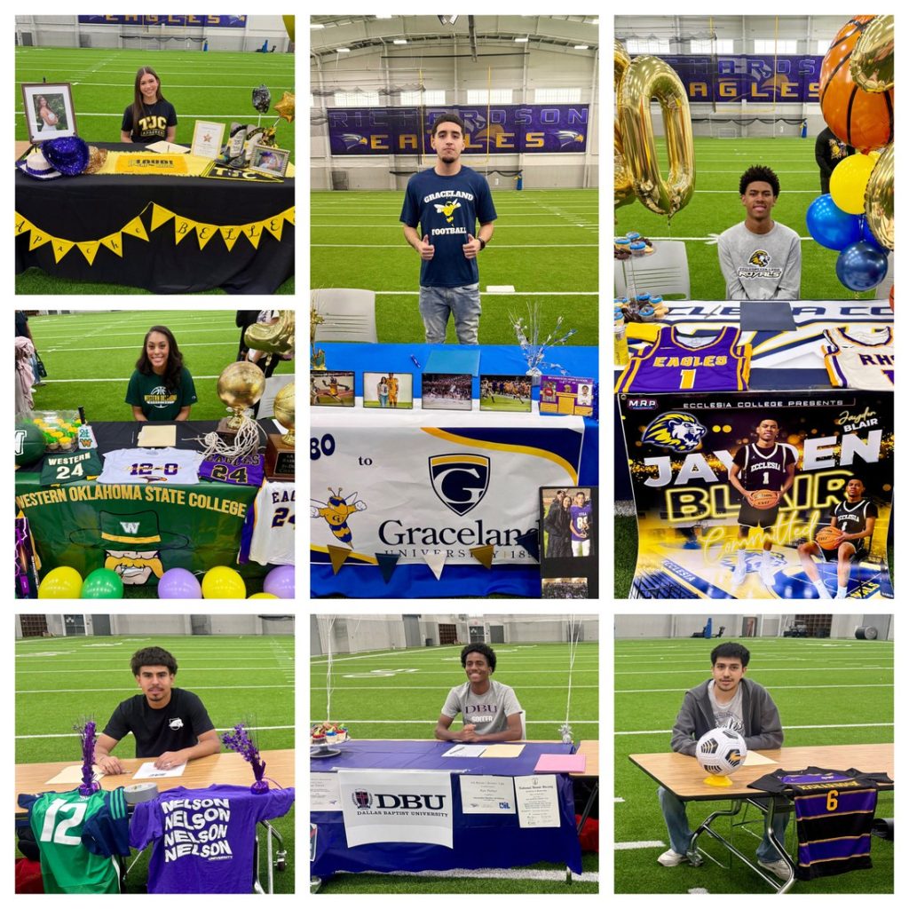 Various students in a collage on signing day with college gear in an indoor athletics facility