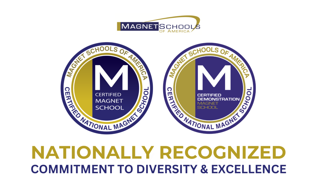 Magnet Schools of America logo with National Recognized Commitment to Diversity and Excellence text with emblems for National Certified School and National Certified Demonstration School