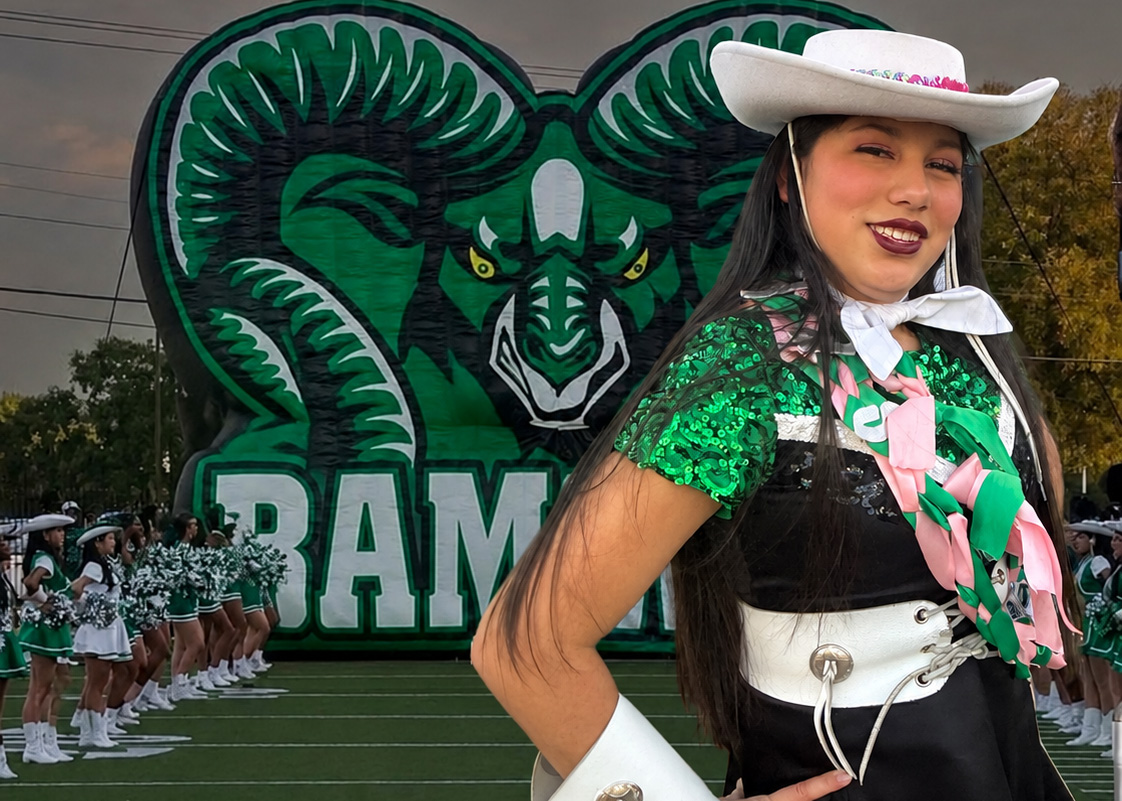 Brianna Mora in Bandoleras uniform posing in front of inflatable Berkner RAM