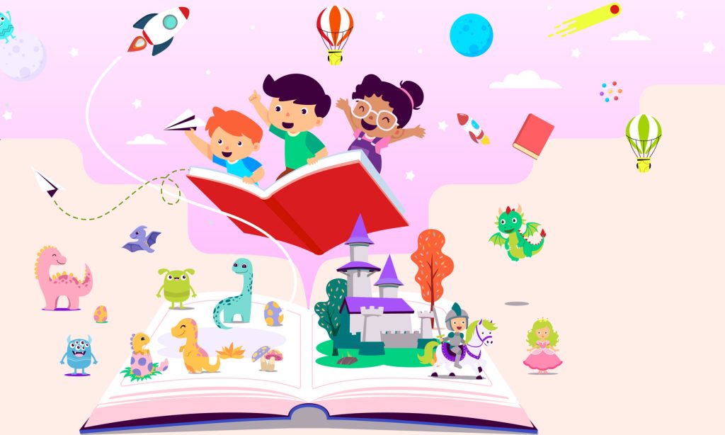 Children riding on a book from Pizza HUT Book IT