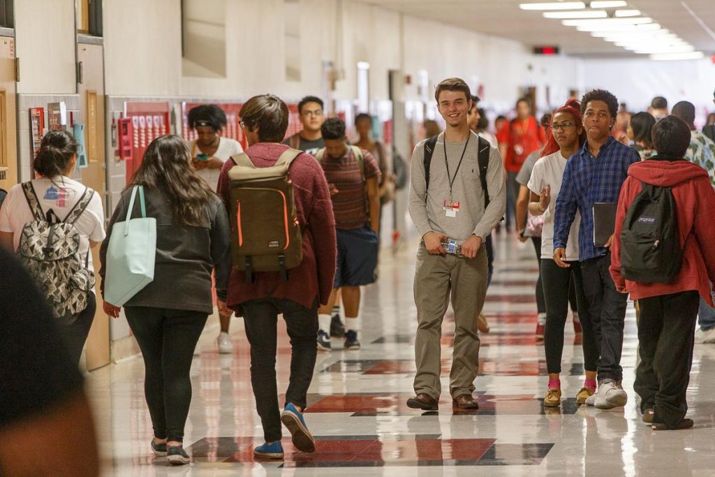 students walking in hallway
